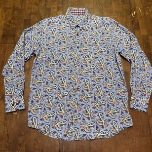 Alan Flusser Shirt Mens Medium Blue Paisley Button Long Sleeve‎ Preppy